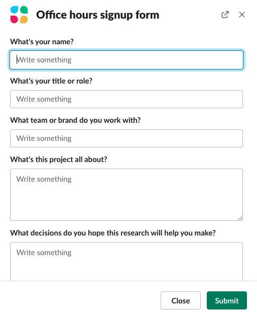 The office hours signup form in Slack