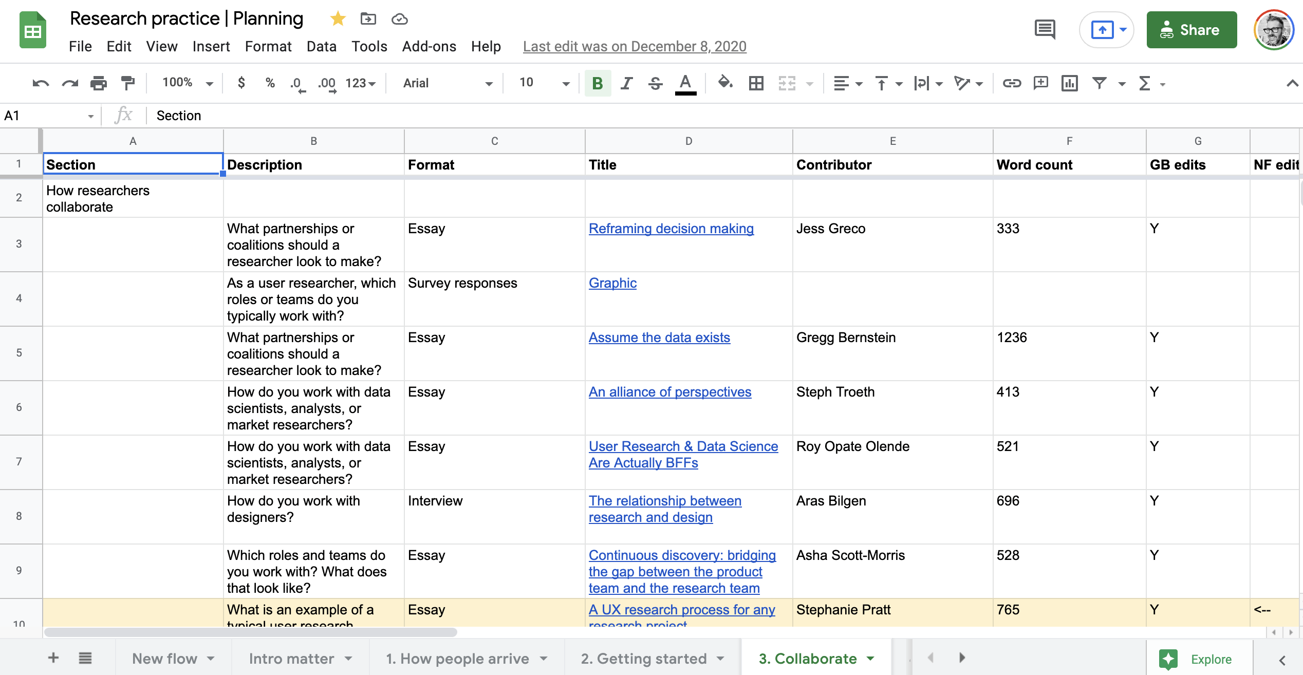 The Research Practice planning spreadsheet