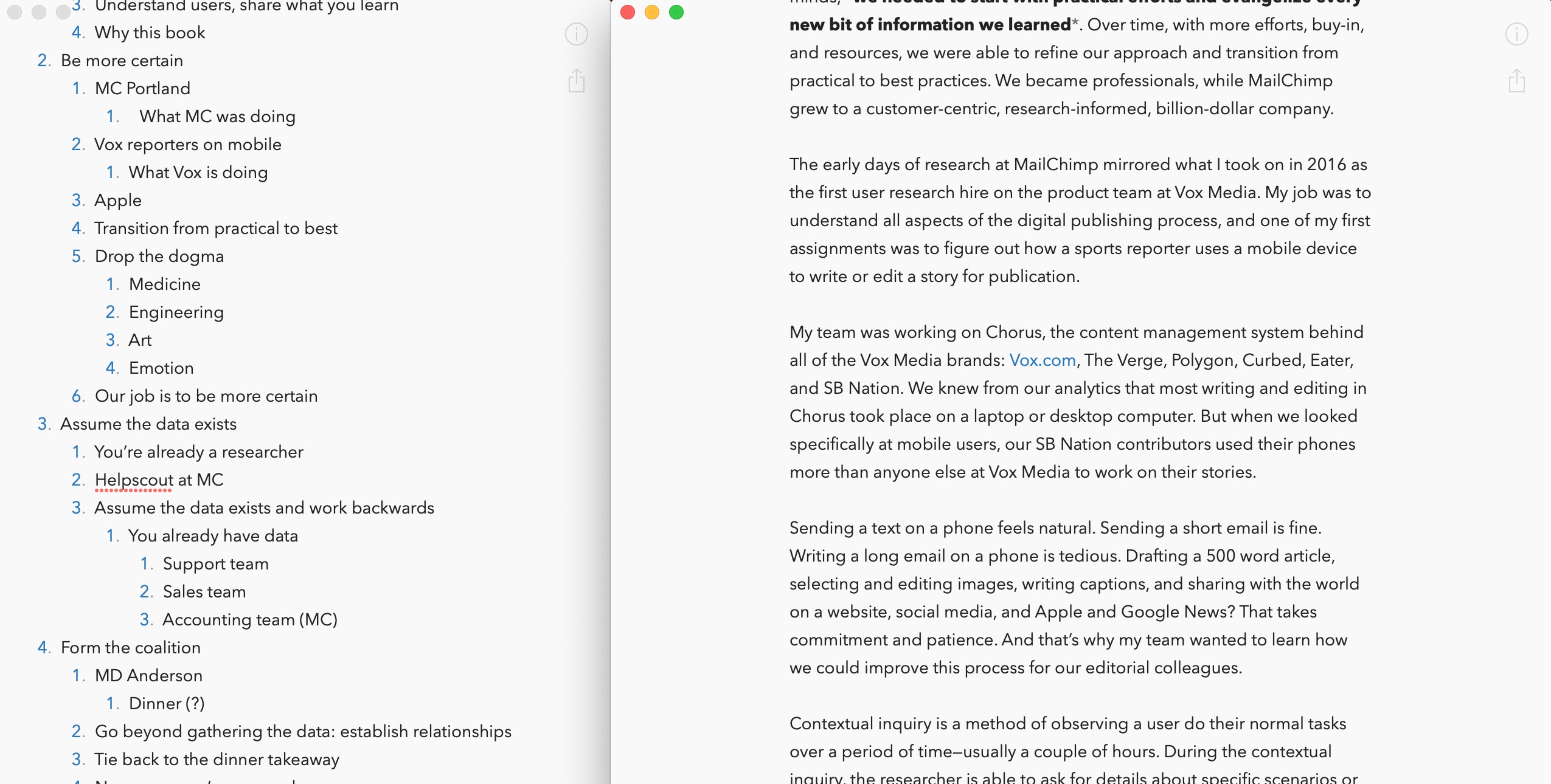 The book outline (l) and a chapter-in-progress (r)